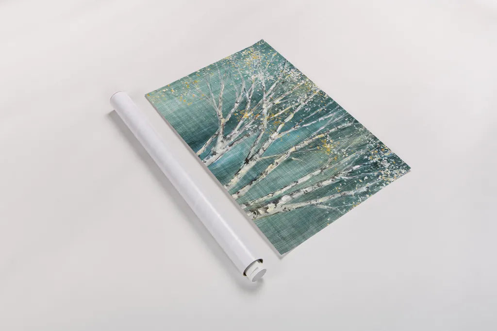 Blue Birch Horizontal by Julia Purinton. shown as a rolled paper print. Available as archival giclee rolled canvas, fine art paper, or poster print. SKU 20937i.