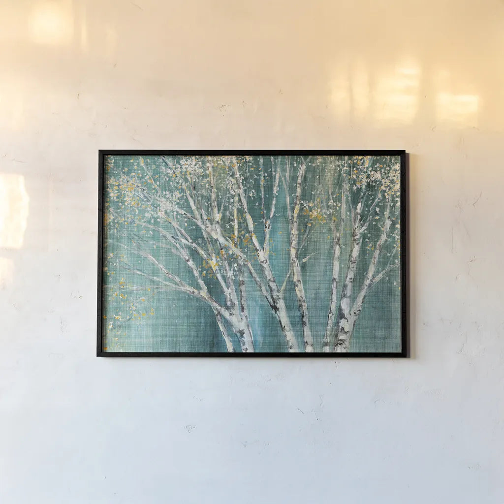 Blue Birch Horizontal by Julia Purinton. shown as a paper print in a black flame. Available as a archival giclee rolled canvas, fine art paper, or poster print. SKU 20937i.
