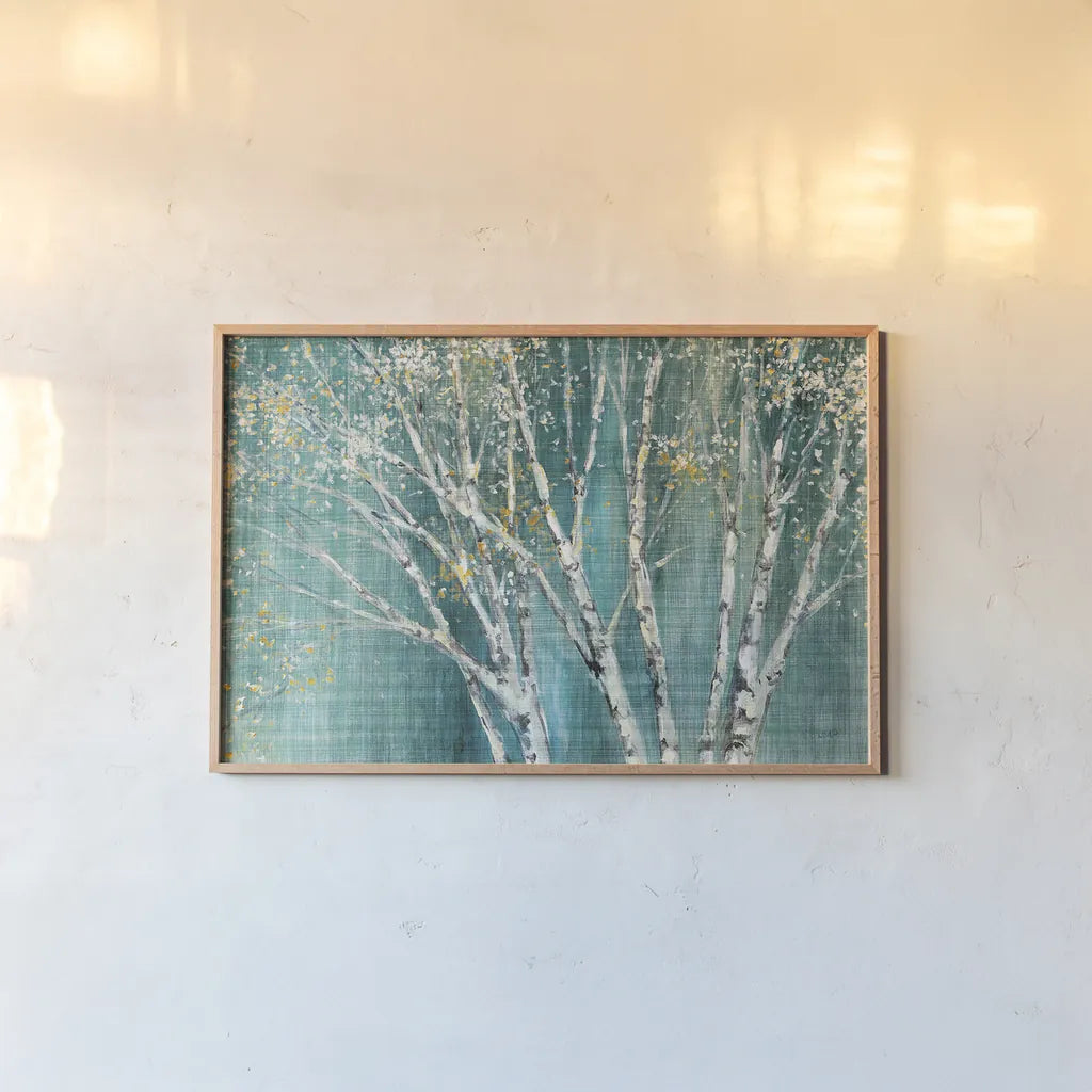 Blue Birch Horizontal by Julia Purinton. shown as a paper print in a natural frame. Available as a archival giclee rolled canvas, fine art paper, or poster print. SKU 20937i.