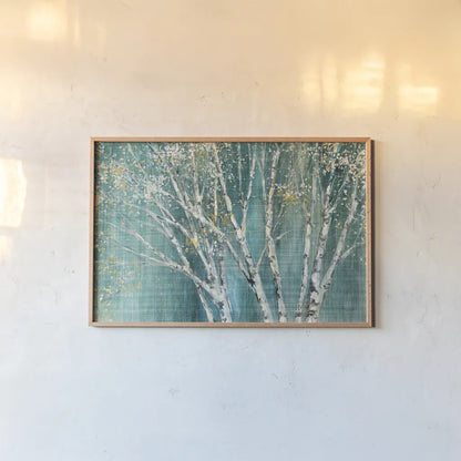 Blue Birch Horizontal by Julia Purinton. shown as a paper print in a natural frame. Available as a archival giclee rolled canvas, fine art paper, or poster print. SKU 20937i.
