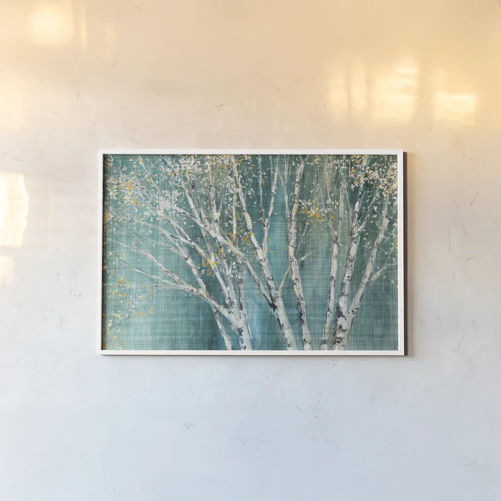 Blue Birch Horizontal by Julia Purinton. shown as a paper print in a white frame. Available as a archival giclee rolled canvas, fine art paper, or poster print. SKU 20937i.