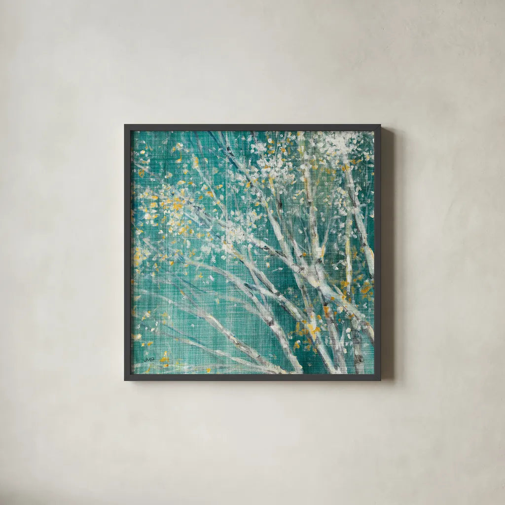 Blue Birch II by Julia Purinton. Shown in a sleek black glass frame for a contemporary gallery look. Available as an archival giclee rolled canvas, fine art paper, or poster print. SKU 47879a.
