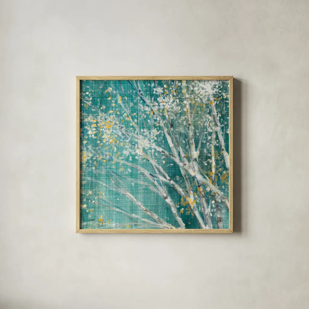 Blue Birch II by Julia Purinton. Shown in a natural wood glass frame for a timeless modern aesthetic. Available as an archival giclee rolled canvas, fine art paper, or poster print. SKU 47879a.
