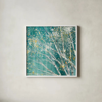 Blue Birch II by Julia Purinton. Shown in a crisp white glass frame for a clean and minimalist style. Available as an archival giclee rolled canvas, fine art paper, or poster print. SKU 47879a.