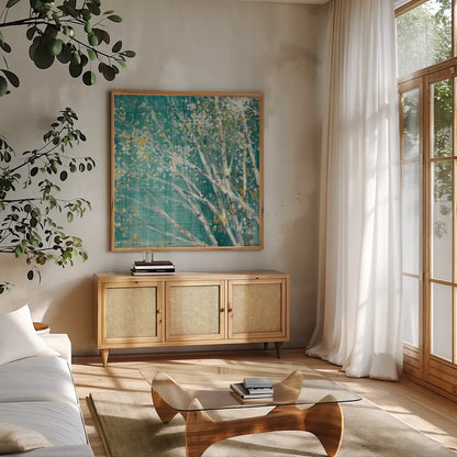 Blue Birch II by Julia Purinton. Shown in a natural wood frame in a cozy modern living room. Available as an archival giclee rolled canvas, fine art paper, or poster print. SKU 47879a.