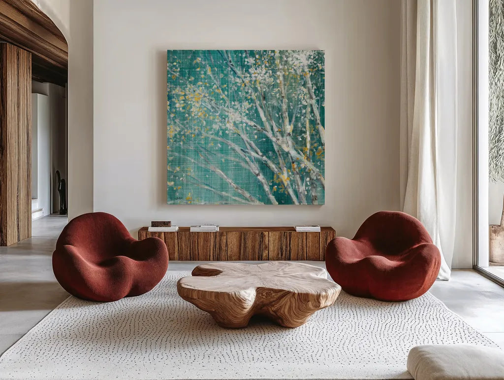 Blue Birch II by Julia Purinton. Shown as extra-large giant wall art in a modern living room. Available as an archival giclee rolled canvas, fine art paper, or poster print. SKU 47879a.