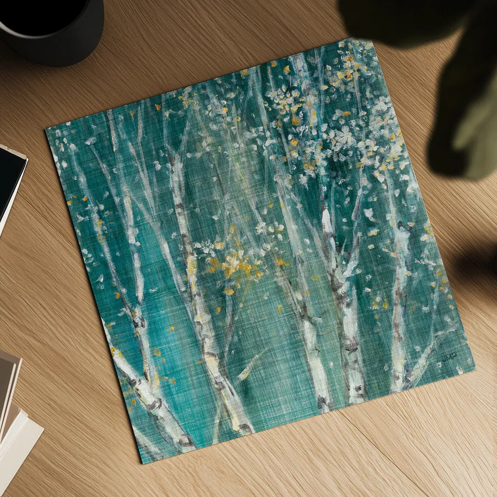 Blue Birch III by Julia Purinton. Shown as a detailed flat fine art print, highlighting archival giclee quality. Available as an archival giclee rolled canvas, fine art paper, or poster print. SKU 47880a.