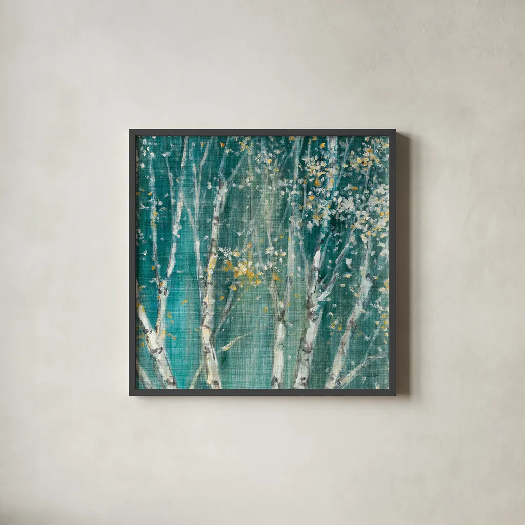 Blue Birch III by Julia Purinton. Shown in a sleek black glass frame for a contemporary gallery look. Available as an archival giclee rolled canvas, fine art paper, or poster print. SKU 47880a.