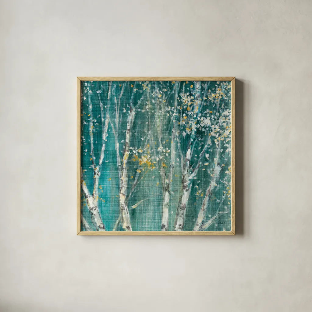 Blue Birch III by Julia Purinton. Shown in a natural wood glass frame for a timeless modern aesthetic. Available as an archival giclee rolled canvas, fine art paper, or poster print. SKU 47880a.