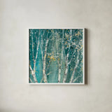 Blue Birch III by Julia Purinton. Shown in a crisp white glass frame for a clean and minimalist style. Available as an archival giclee rolled canvas, fine art paper, or poster print. SKU 47880a.