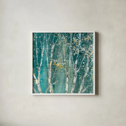 Blue Birch III by Julia Purinton. Shown in a crisp white glass frame for a clean and minimalist style. Available as an archival giclee rolled canvas, fine art paper, or poster print. SKU 47880a.