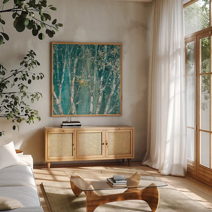 Blue Birch III by Julia Purinton. Shown in a natural wood frame in a cozy modern living room. Available as an archival giclee rolled canvas, fine art paper, or poster print. SKU 47880a.