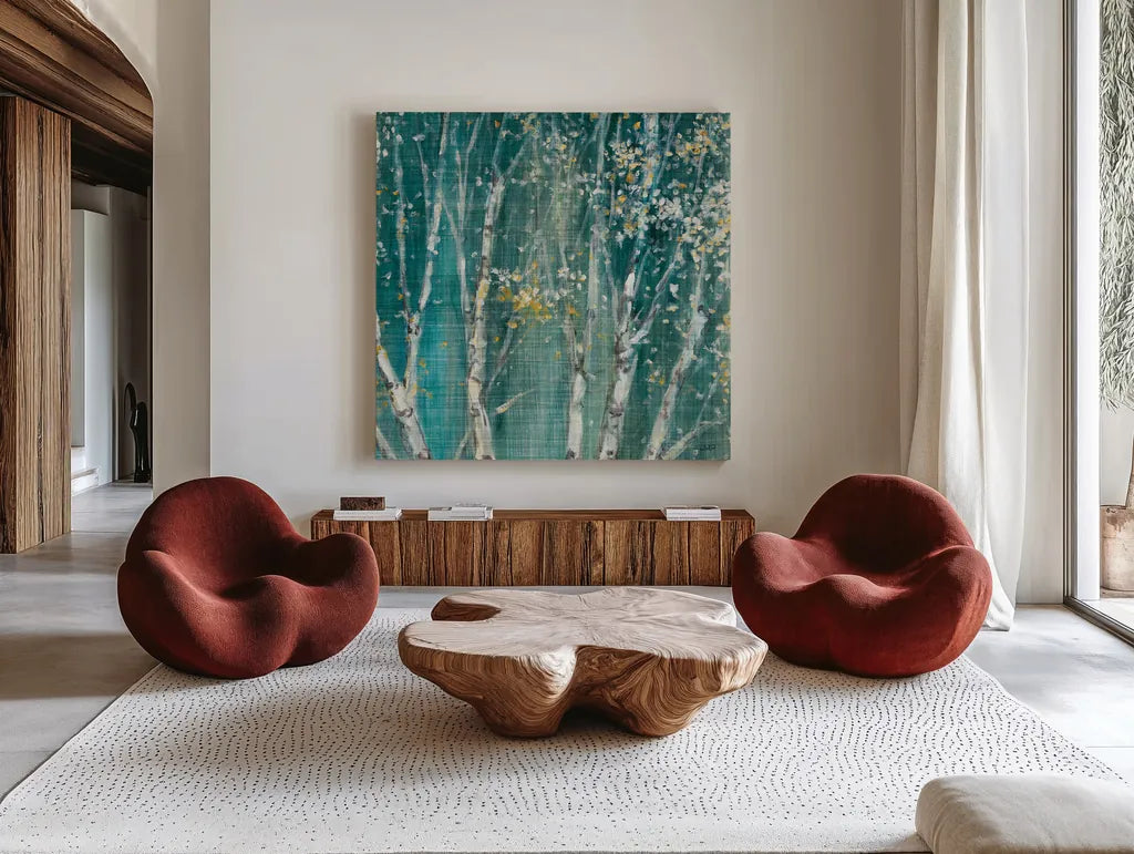 Blue Birch III by Julia Purinton. Shown as extra-large giant wall art in a modern living room. Available as an archival giclee rolled canvas, fine art paper, or poster print. SKU 47880a.