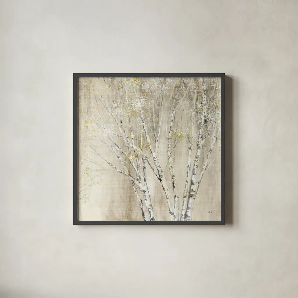 Blue Birch Neutral by Julia Purinton. Shown in a sleek black glass frame for a contemporary gallery look. Available as an archival giclee rolled canvas, fine art paper, or poster print. SKU 18084a.