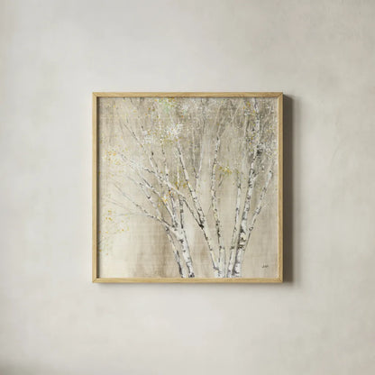 Blue Birch Neutral by Julia Purinton. Shown in a natural wood glass frame for a timeless modern aesthetic. Available as an archival giclee rolled canvas, fine art paper, or poster print. SKU 18084a.