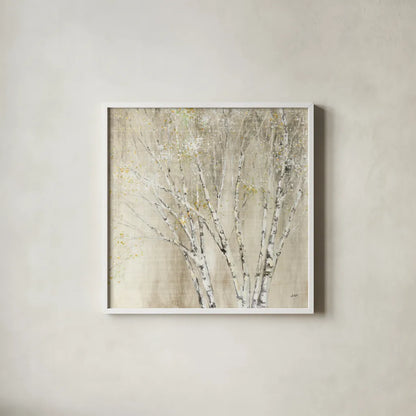 Blue Birch Neutral by Julia Purinton. Shown in a crisp white glass frame for a clean and minimalist style. Available as an archival giclee rolled canvas, fine art paper, or poster print. SKU 18084a.