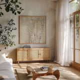 Blue Birch Neutral by Julia Purinton. Shown in a natural wood frame in a cozy modern living room. Available as an archival giclee rolled canvas, fine art paper, or poster print. SKU 18084a.