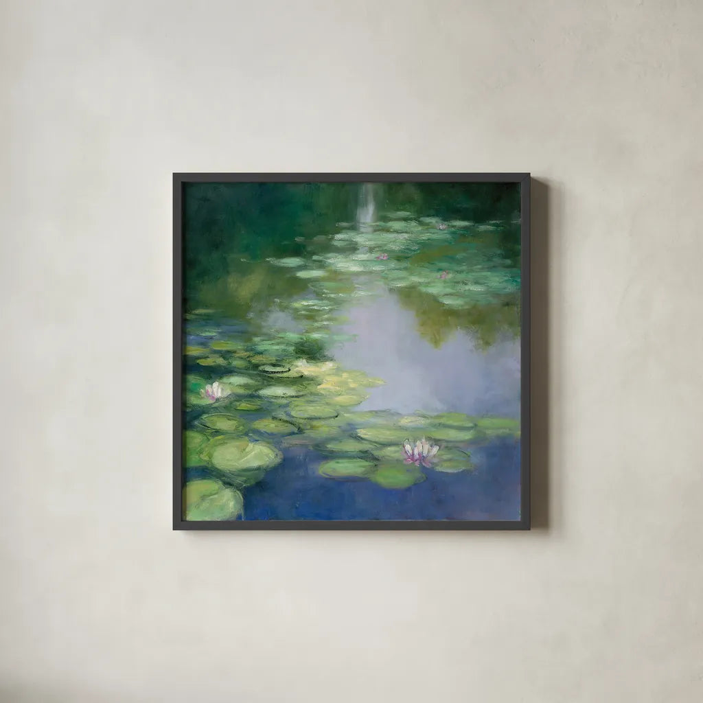 Blue Lily I by Julia Purinton. Shown in a sleek black glass frame for a contemporary gallery look. Available as an archival giclee rolled canvas, fine art paper, or poster print. SKU 22437a.
