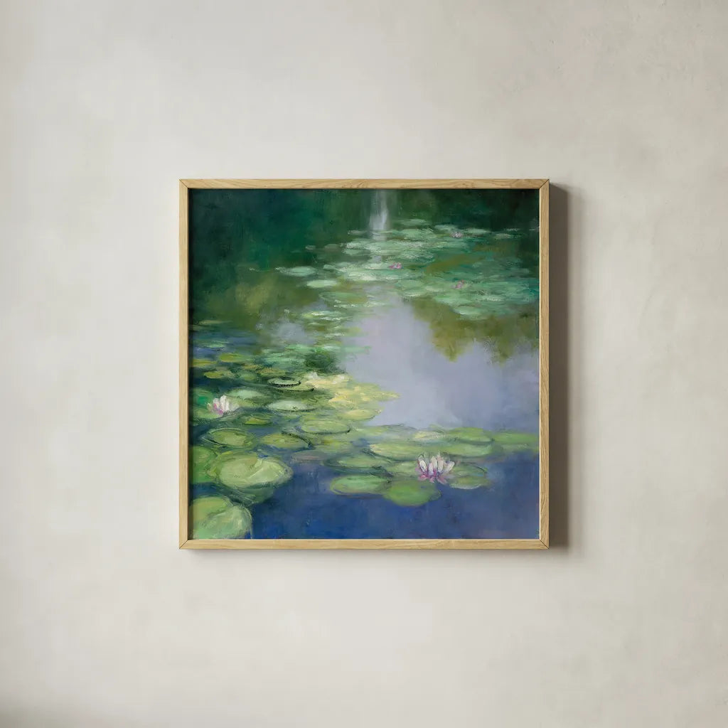 Blue Lily I by Julia Purinton. Shown in a natural wood glass frame for a timeless modern aesthetic. Available as an archival giclee rolled canvas, fine art paper, or poster print. SKU 22437a.