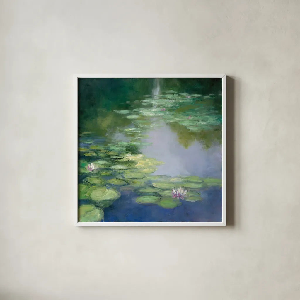 Blue Lily I by Julia Purinton. Shown in a crisp white glass frame for a clean and minimalist style. Available as an archival giclee rolled canvas, fine art paper, or poster print. SKU 22437a.