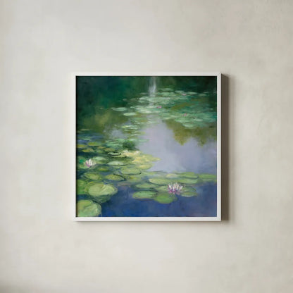 Blue Lily I by Julia Purinton. Shown in a crisp white glass frame for a clean and minimalist style. Available as an archival giclee rolled canvas, fine art paper, or poster print. SKU 22437a.