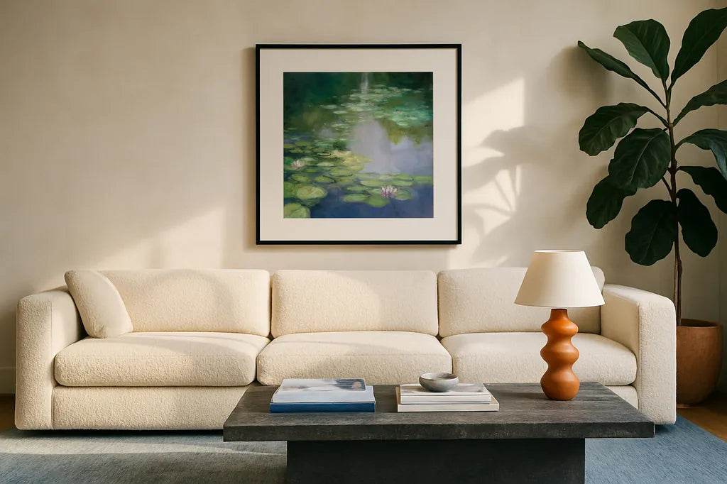 Blue Lily I by Julia Purinton. Displayed in a glass frame with matte in a clean modern living room. Available as an archival giclee rolled canvas, fine art paper, or poster print. SKU 22437a.