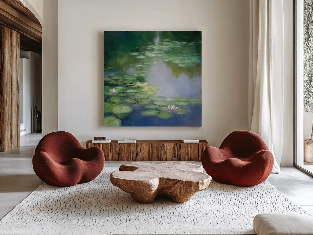 Blue Lily I by Julia Purinton. Shown as extra-large giant wall art in a modern living room. Available as an archival giclee rolled canvas, fine art paper, or poster print. SKU 22437a.