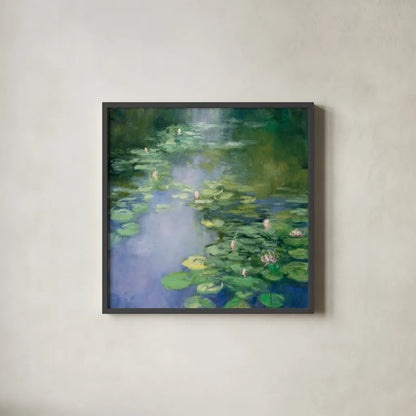Blue Lily II by Julia Purinton. Shown in a sleek black glass frame for a contemporary gallery look. Available as an archival giclee rolled canvas, fine art paper, or poster print. SKU 22438a.