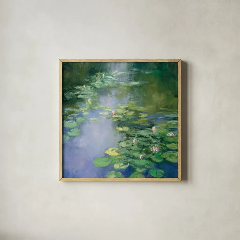 Blue Lily II by Julia Purinton. Shown in a natural wood glass frame for a timeless modern aesthetic. Available as an archival giclee rolled canvas, fine art paper, or poster print. SKU 22438a.