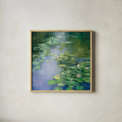Blue Lily II by Julia Purinton. Shown in a natural wood glass frame for a timeless modern aesthetic. Available as an archival giclee rolled canvas, fine art paper, or poster print. SKU 22438a.