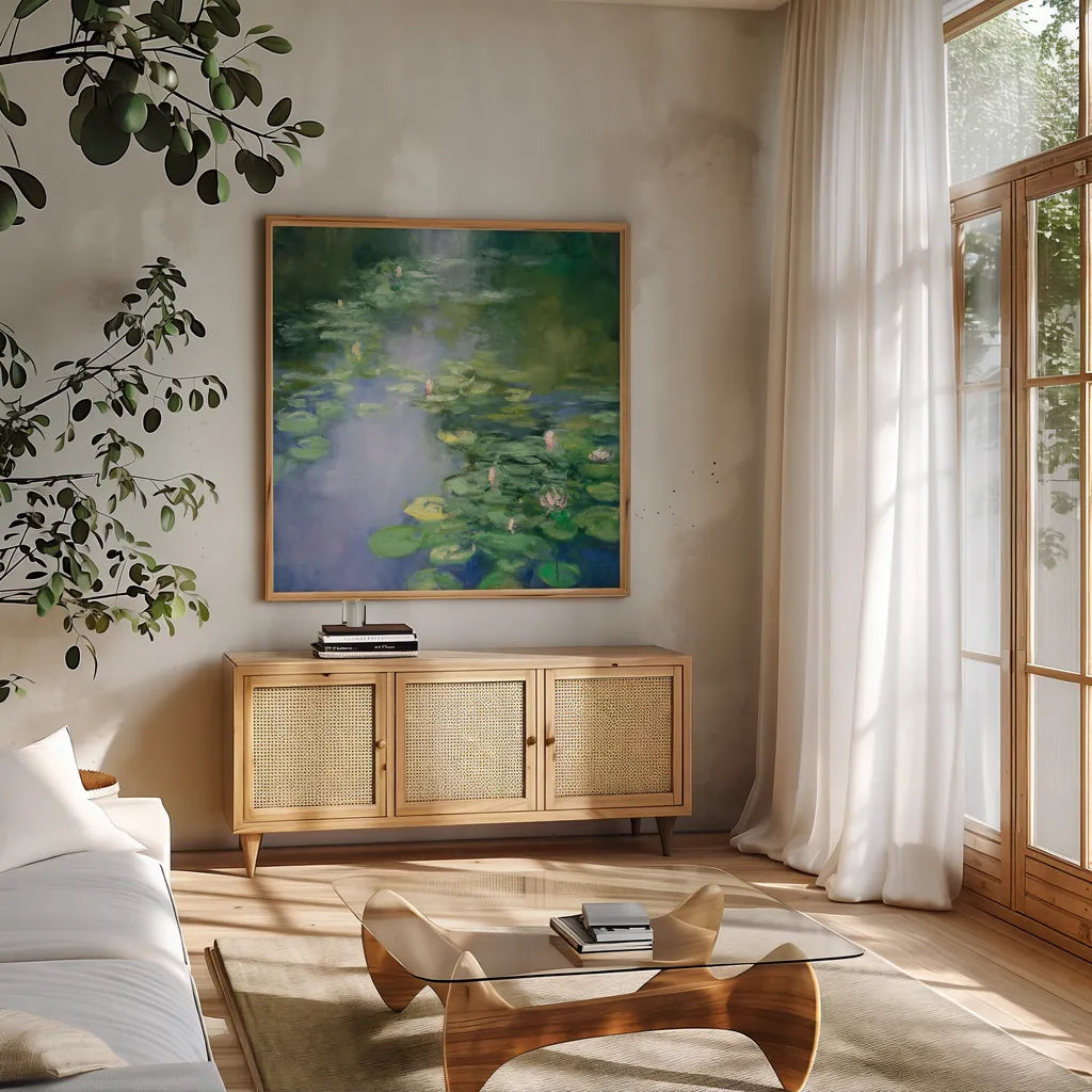 Blue Lily II by Julia Purinton. Shown in a natural wood frame in a cozy modern living room. Available as an archival giclee rolled canvas, fine art paper, or poster print. SKU 22438a.