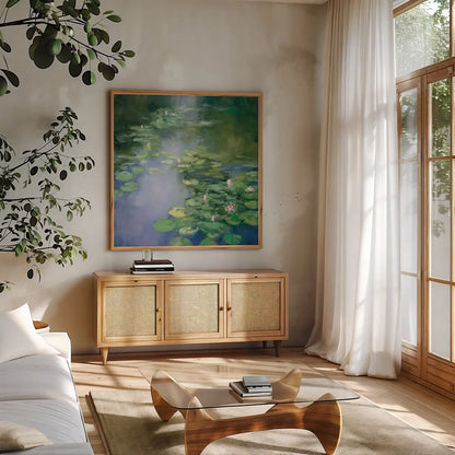 Blue Lily II by Julia Purinton. Shown in a natural wood frame in a cozy modern living room. Available as an archival giclee rolled canvas, fine art paper, or poster print. SKU 22438a.