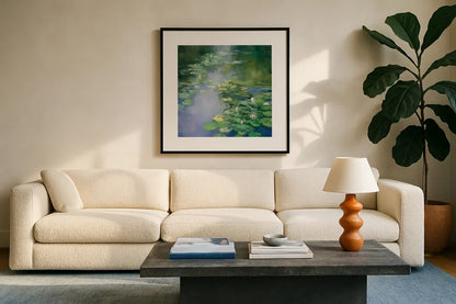 Blue Lily II by Julia Purinton. Displayed in a glass frame with matte in a clean modern living room. Available as an archival giclee rolled canvas, fine art paper, or poster print. SKU 22438a.