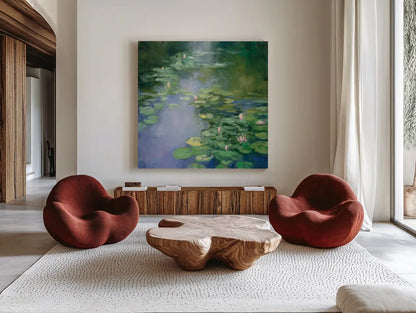 Blue Lily II by Julia Purinton. Shown as extra-large giant wall art in a modern living room. Available as an archival giclee rolled canvas, fine art paper, or poster print. SKU 22438a.