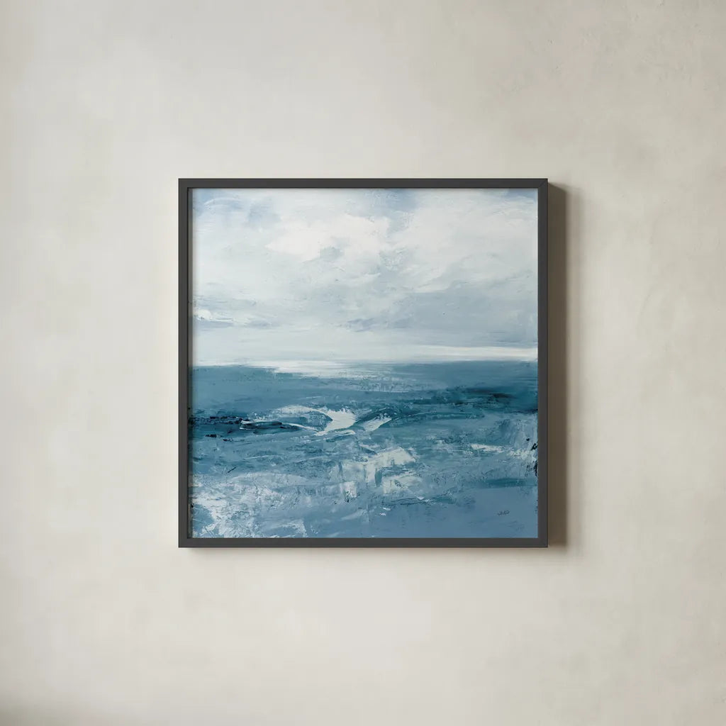 Blue Waves by Julia Purinton. Shown in a sleek black glass frame for a contemporary gallery look. Available as an archival giclee rolled canvas, fine art paper, or poster print. SKU 73108a.