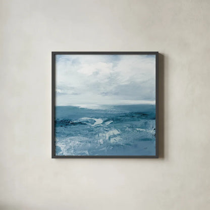 Blue Waves by Julia Purinton. Shown in a sleek black glass frame for a contemporary gallery look. Available as an archival giclee rolled canvas, fine art paper, or poster print. SKU 73108a.