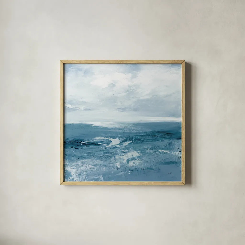 Blue Waves by Julia Purinton. Shown in a natural wood glass frame for a timeless modern aesthetic. Available as an archival giclee rolled canvas, fine art paper, or poster print. SKU 73108a.
