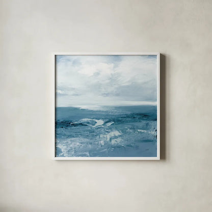 Blue Waves by Julia Purinton. Shown in a crisp white glass frame for a clean and minimalist style. Available as an archival giclee rolled canvas, fine art paper, or poster print. SKU 73108a.