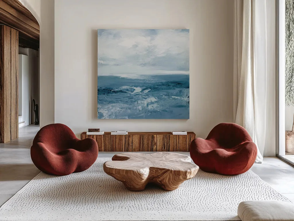 Blue Waves by Julia Purinton. Shown as extra-large giant wall art in a modern living room. Available as an archival giclee rolled canvas, fine art paper, or poster print. SKU 73108a.