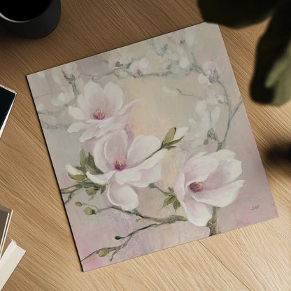 Blushing Magnolias by Julia Purinton. Shown as a detailed flat fine art print, highlighting archival giclee quality. Available as an archival giclee rolled canvas, fine art paper, or poster print. SKU 38369a.