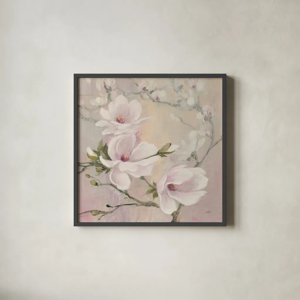 Blushing Magnolias by Julia Purinton. Shown in a sleek black glass frame for a contemporary gallery look. Available as an archival giclee rolled canvas, fine art paper, or poster print. SKU 38369a.