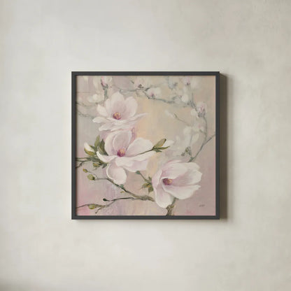 Blushing Magnolias by Julia Purinton. Shown in a sleek black glass frame for a contemporary gallery look. Available as an archival giclee rolled canvas, fine art paper, or poster print. SKU 38369a.