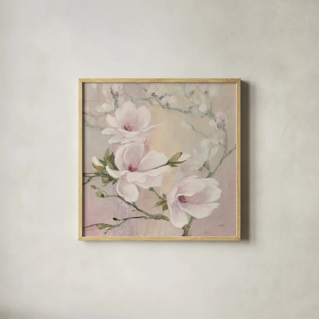 Blushing Magnolias by Julia Purinton. Shown in a natural wood glass frame for a timeless modern aesthetic. Available as an archival giclee rolled canvas, fine art paper, or poster print. SKU 38369a.