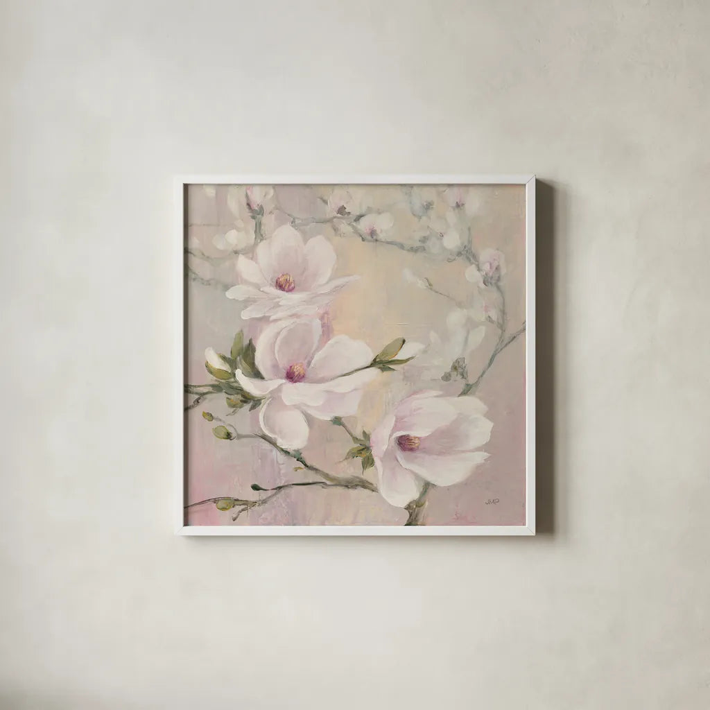 Blushing Magnolias by Julia Purinton. Shown in a crisp white glass frame for a clean and minimalist style. Available as an archival giclee rolled canvas, fine art paper, or poster print. SKU 38369a.