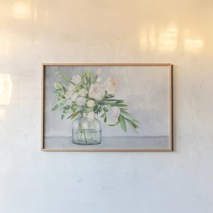 Blushing Spring Bouquet by Julia Purinton. shown as a paper print in a natural frame. Available as a archival giclee rolled canvas, fine art paper, or poster print. SKU 55361i.