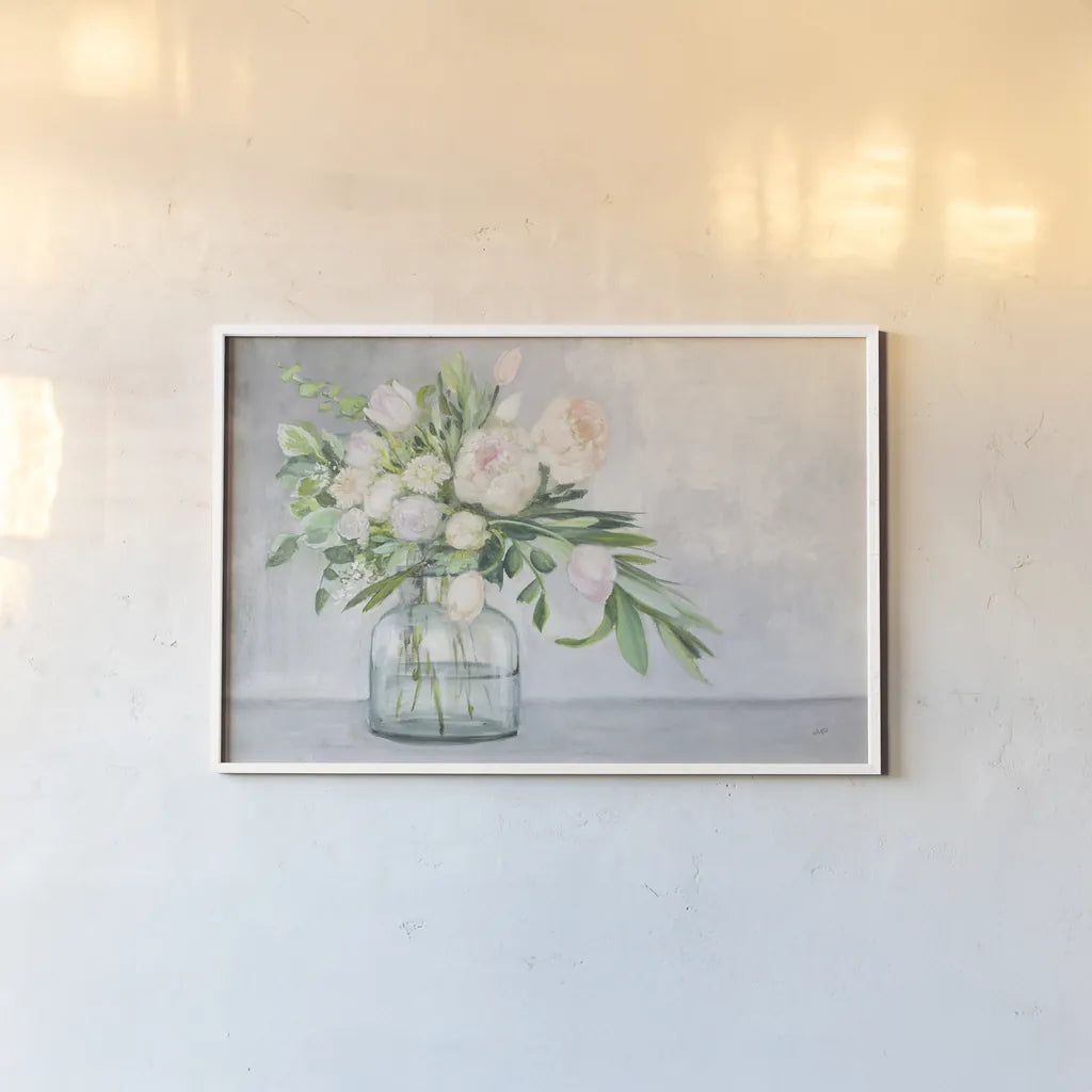 Blushing Spring Bouquet by Julia Purinton. shown as a paper print in a white frame. Available as a archival giclee rolled canvas, fine art paper, or poster print. SKU 55361i.
