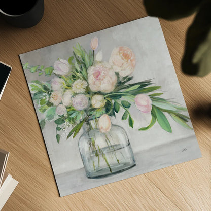 Blushing Spring Bouquet Gray Sq by Julia Purinton. Shown as a detailed flat fine art print, highlighting archival giclee quality. Available as an archival giclee rolled canvas, fine art paper, or poster print. SKU 63058a.