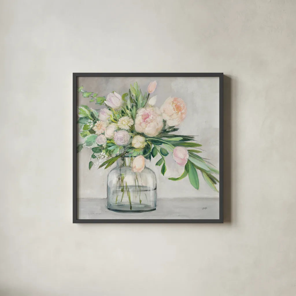 Blushing Spring Bouquet Gray Sq by Julia Purinton. Shown in a sleek black glass frame for a contemporary gallery look. Available as an archival giclee rolled canvas, fine art paper, or poster print. SKU 63058a.