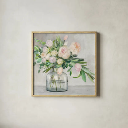 Blushing Spring Bouquet Gray Sq by Julia Purinton. Shown in a natural wood glass frame for a timeless modern aesthetic. Available as an archival giclee rolled canvas, fine art paper, or poster print. SKU 63058a.