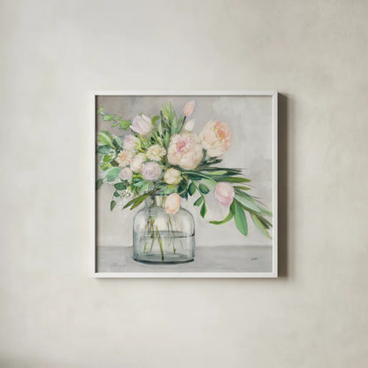 Blushing Spring Bouquet Gray Sq by Julia Purinton. Shown in a crisp white glass frame for a clean and minimalist style. Available as an archival giclee rolled canvas, fine art paper, or poster print. SKU 63058a.